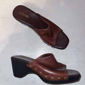 Vintage Connie Jenga Brown Stacked Wedge 3” Heel Sandals Shoes {9}